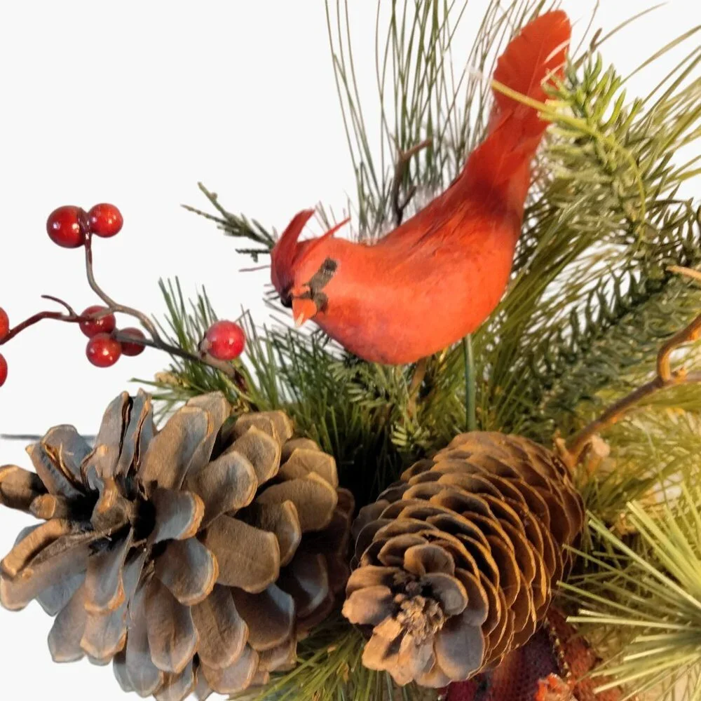 Rustic Burlap Christmas Evergreen Centerpiece Cardinal Pinecones Winter Decor